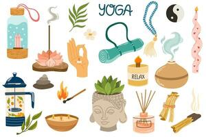 yoga stickers set. hand- getrokken elementen reeks aroma stokken, mat, blok. verzameling van yoga spullen, apparatuur. vector hand- trek illustraties