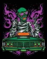 zombie-mummie die wiet rookt en in een lowrider-auto rijdt