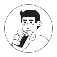 chillen Kaukasisch vent drinken door rietje zwart en wit 2d vector avatar illustratie. Holding koffie Europese jong volwassen schets tekenfilm karakter gezicht geïsoleerd. smoothie Mens vlak portret