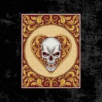 wijnoogst stijl rood hart aas poker schedel illustratie met ornamenten en grenzen. getextureerde zwart achtergrond vector