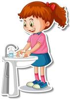 een stickersjabloon met een meisje dat handen wast met zeep vector