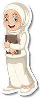 een stickersjabloon met een moslimvrouw in een wit kostuum vector
