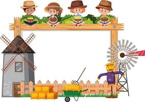 leeg houten frame met kinderen en boerderijvoorwerpen vector