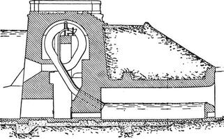 overhevelen stuwen geïnstalleerd door de dam van Mittersheim, wijnoogst gravure. vector