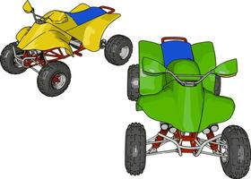 groen en geel quad fiets, illustratie, vector Aan wit achtergrond.