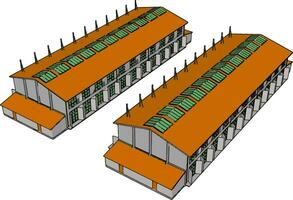 twee groen en oranje groot modern schuren met Open sluit en groen dak ramen vector illustratie Aan wit achtergrond