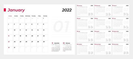 kalender 2022, 12 maanden in schone, minimale tafel eenvoudige stijl. vector