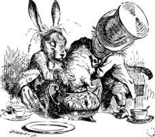 boos hoedenmaker en maart haas dompelen de hazelmuis - Alice in wonderland origineel wijnoogst illustratie. vector