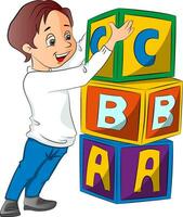 jongen stapelen alfabet blokken, illustratie vector
