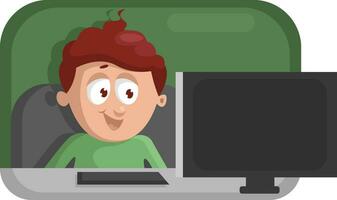 jongen in groen overhemd met laptop, illustratie, vector Aan een wit achtergrond.