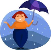 meisje met paraplu staand Aan regenen, illustratie, vector Aan een wit achtergrond.