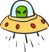 een ufo met buitenaards wezen binnen, vector kleur illustratie.