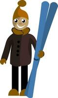 clip art van een jongen Holding elk van een paar- van lang skis in zijn hand- vector of kleur illustratie