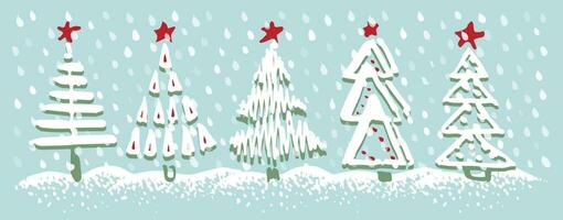 wijnoogst vakantie kaart met Kerstmis bomen en sneeuw. schetsen hand- getrokken Kerstmis patroon. tekening kinderlijk silhouet kunst. winter nieuw jaar feestelijk sparren Aan blauw achtergrond. vector wijnoogst illustratie.