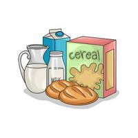 ontbijtgranen doos, gebakje met melk illustratie vector