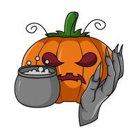 pompoen halloween, hand- met pot toverdrank illustratie vector