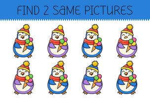 vind twee dezelfde afbeeldingen is een leerzaam spel voor kinderen met schattig pinguïn met ijs room. schattig tekenfilm pinguïn. vector illustratie