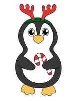 tekenfilm Kerstmis en nieuw jaar pinguïn karakter. schattig pinguïn met snoep riet en hert gewei hoofdband. vector vlak illustratie.