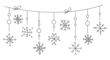 tekening Kerstmis slinger met sneeuwvlokken hangende Aan een touw. vector zwart en wit clip art illustratie.