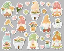 reeks van vector illustraties stickers tuin kabouters met bloemen.