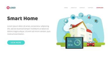 slim huis of huis controle technologie of automatisering draadloze veiligheid banier of website sjabloon ontwerp vector vlak tekenfilm, modern modieus web plaats landen bladzijde of folder modern modieus mockup beeld