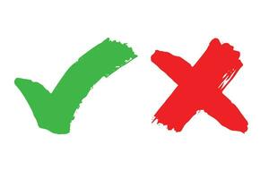 hand- getrokken groen controleren Mark en rood kruis Mark markeerstift Rechtsaf en mis teken clip art stemmen tekening vector