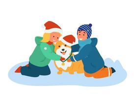 jongen en meisje in winter kleren knuffelen corgi in de kerstman hoed met klok buitenshuis. vlak vector illustratie. geïsoleerd Aan wit.