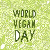 wereld veganistisch dag sjabloon voor ansichtkaart, uitnodiging, poster, spandoek. hand- belettering typografie. vector illustratie.wereld groente dag.