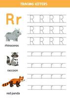 traceren alfabet brieven voor kinderen. dier alfabet. brief r is voor neushoorn wasbeer rood panda. vector