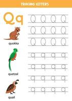 traceren alfabet brieven voor kinderen. dier alfabet. brief q is voor quokka quetzal kwartel. vector