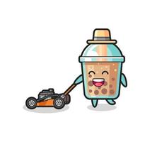 illustratie van het bubble tea-personage met grasmaaier vector