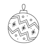 tekening Kerstmis bal met zigzag patroon, cirkels en sneeuwvlokken. vector zwart en wit clip art illustratie.