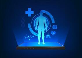gezondheidszorg technologie de smartphone scherm heeft een hologram van een persoon langs met hun organen. telegeneeskunde via mobiel telefoon deze staat toe artsen naar weten de symptomen en patiënten te ontvangen behandeling. vector