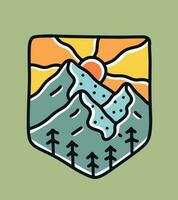 de groot drie berg en zonsopkomst ontwerp voor insigne, sticker, t overhemd ontwerp en buitenshuis ontwerp vector