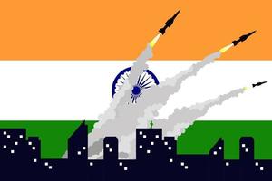 illustratie van het afvuren van raketten op de achtergrond van de vlag van india. vector