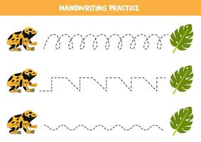 traceren lijnen voor kinderen. schattig tekenfilm geel gestreept vergiftigen pijl kikker en monstera blad. handschrift oefening. vector