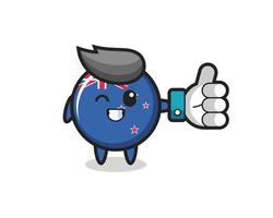 schattige vlag van Nieuw-Zeeland met een duim omhoog symbool voor sociale media vector