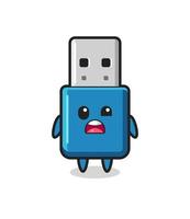 het geschokte gezicht van de schattige usb-mascotte met flashdrive vector