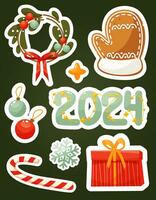 nieuw jaar stickers. winter vakantie symbolen, nieuw jaar decoraties. verzameling van stickers met een vakantie lauwerkrans, peperkoek want, ballen, ster, rood geschenk doos, lolly en de opschrift 2024 vector