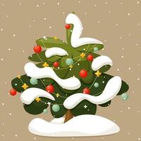 Kerstmis boom in de sneeuw. nieuw jaar boom, versierd met slingers en nieuw jaar speelgoed, onder sneeuw en sneeuwvlokken. vector illustratie. winter vakantie element. voor creëren Kerstmis kaarten, affiches.