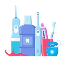 tandheelkundig schoonmaak hulpmiddelen. mondeling zorg en hygiëne producten. tandenborstel, tandpasta, mondwater, floss tandenstoker, tandheelkundig flossen, tandheelkundig irrigator. poetsen tanden. vector illustratie.