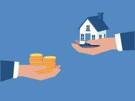 echt landgoed hypotheek, huur, appartement uitverkoop concept. aanbod naar uitwisseling huis voor contant geld geld tussen middel en gebruiker. menselijk handen Holding dollar munten en huis eigendom vlak vector illustratie.