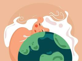 schattig meisje knuffels planeet aarde met liefde en zorg. de concept van liefde, zorg en houden de aarde gezond. vector eco illustratie van aarde dag en besparing planeet. opslaan onze planeet.