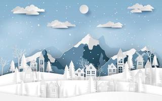 landschap platteland dorp in sneeuwvallei in het winterseizoen vector