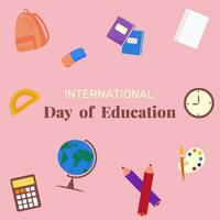 illustratie voor Internationale onderwijs dag, kaart met school- items vector