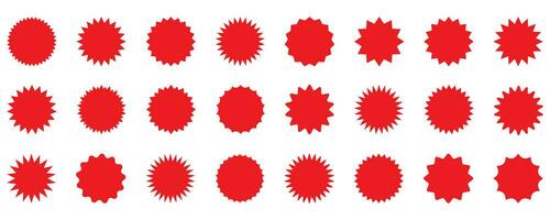 reeks van vector rood vuurwerk, zonnestraal insignes. rood pictogrammen Aan wit achtergrond. gemakkelijk vlak stijl wijnoogst etiketten, stickers.