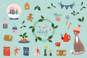 groot Kerstmis set. boom decoraties, fabriek lauwerkrans, pudding, geschenken. mooi winter vakantie voorwerpen. hand- getrokken vlak stijl vector illustraties.