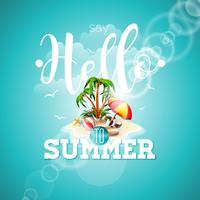 Zeg hallo tegen zomer inspiratie citeer paradijs eiland op blauwe achtergrond. vector