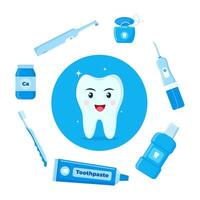 gezond gelukkig tand karakter omringd door tandheelkundig schoonmaak hulpmiddelen, mondeling hygiëne producten. tandheelkundig Gezondheid concept. vector illustratie.