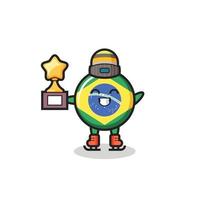 braziliaanse vlag badge cartoon als schaatser winnaar trofee houden vector